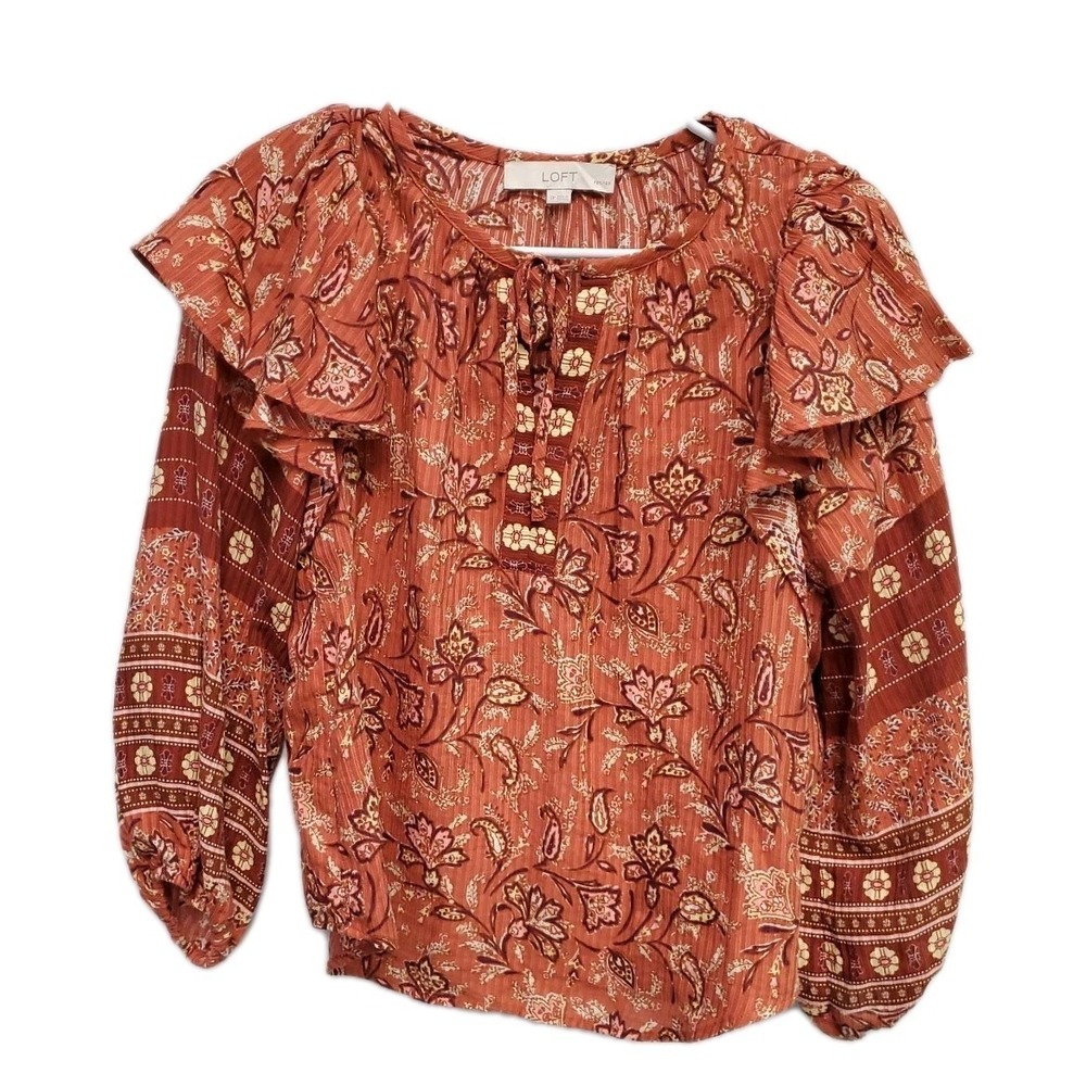 LOFT Women's‎ LS Floral Rust/Burnt orange tie neck top shirt Small Petite Ruffle